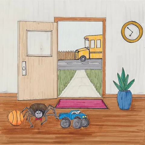 Spider, Control Yourself: Sammy the spider playing with toys before schooling